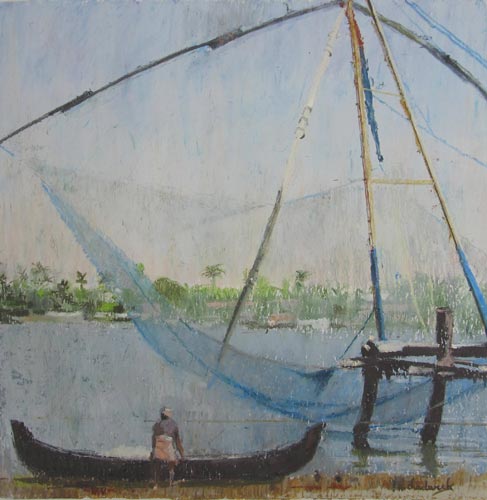 Cochin Fishing Nets Oil Pastel painting