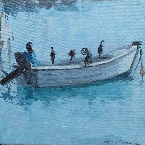 Cormorants crowded on side of boat