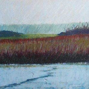 Avocets feeding in river estuary - oil pastel painting