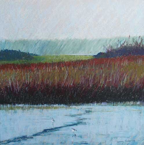 Avocets feeding in river estuary - oil pastel painting